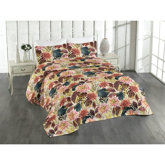 Ambesonne Floral Quilted Bedspread Set 3 Pcs, Hexagon Flower Circle Art, King, Pastel Pink and Dark Rust