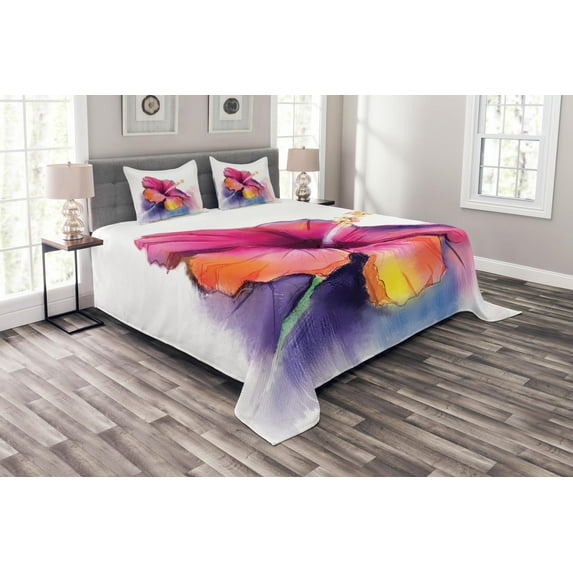 Ambesonne Floral Quilted Bedspread Set 3 Pcs, Hibiscus Flower Pastel, King Size, Multicolor