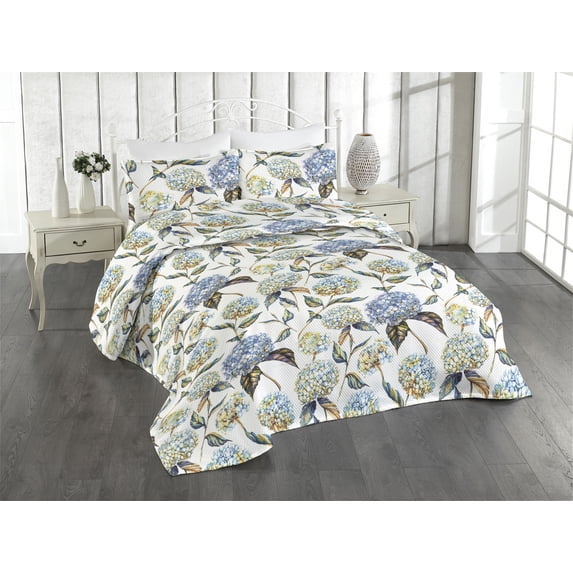 Ambesonne Floral Quilted Bedspread Set 3 Pcs, Hydrangea Flowers Summer Art, Queen, Lavender and Sky Blue