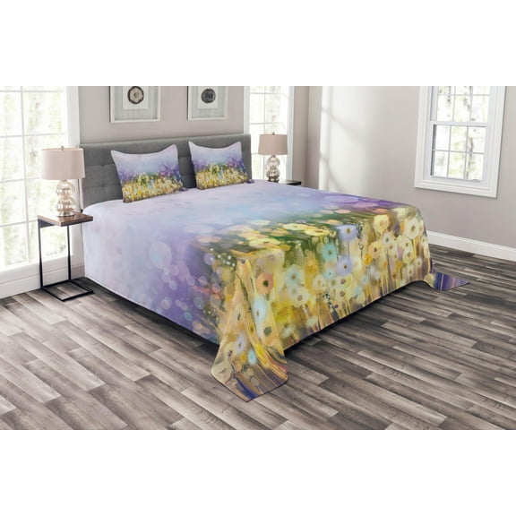 Ambesonne Floral Quilted Bedspread Set 3 Pcs, Idyllic Pastoral Flower, Queen Size, Yellow Purple