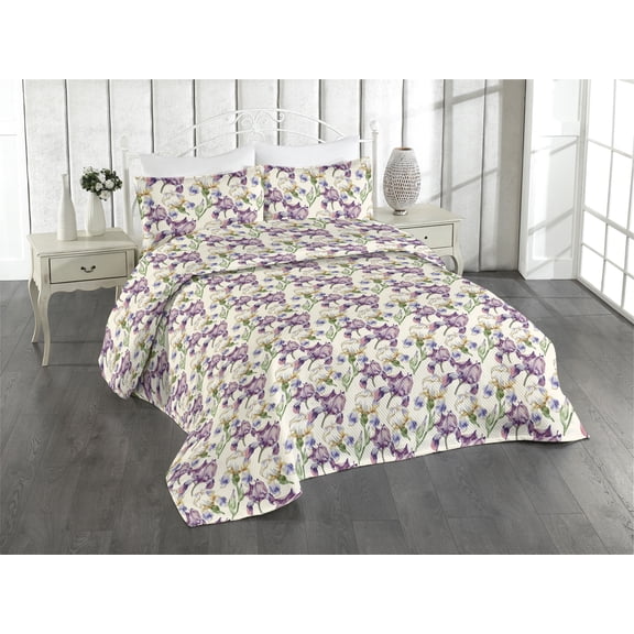 Ambesonne Floral Quilted Bedspread Set 3 Pcs, Iris Flowers Spring Love, King, Lilac Ivory and Green