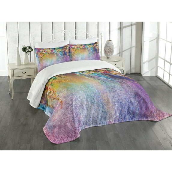 Ambesonne Floral Quilted Bedspread Set 3 Pcs, Ivy Blooming Flowers Herbs, King Size, Multicolor