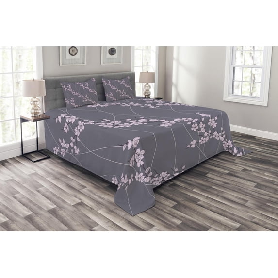 Ambesonne Floral Quilted Bedspread Set 3 Pcs, Japanese Sakura, King Size, Taupe Pale Pink