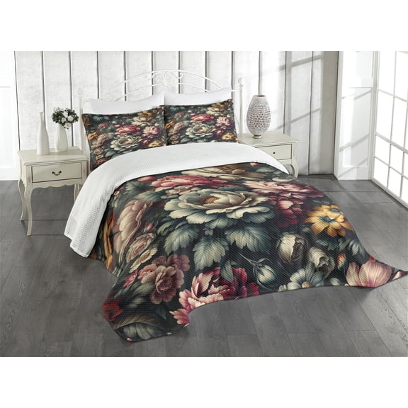 Ambesonne Floral Quilted Bedspread Set 3 Pcs, Jumble Garden Peony Flowers, Queen Size, Pale Ruby Laurel Green