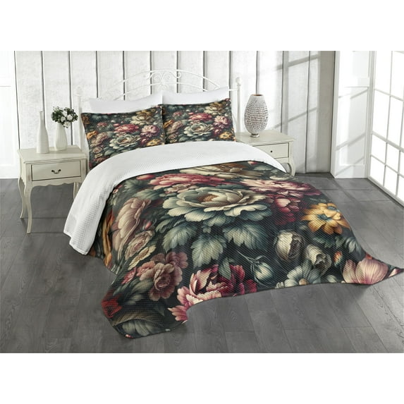 Ambesonne Floral Quilted Bedspread Set 3 Pcs, Jumble Garden Peony Flowers, Queen Size, Pale Ruby Laurel Green