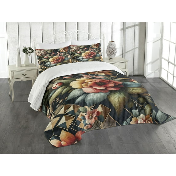 Ambesonne Floral Quilted Bedspread Set 3 Pcs, Leafy Scene Futurist Flowery, King Size, Khaki Coral Olive Green
