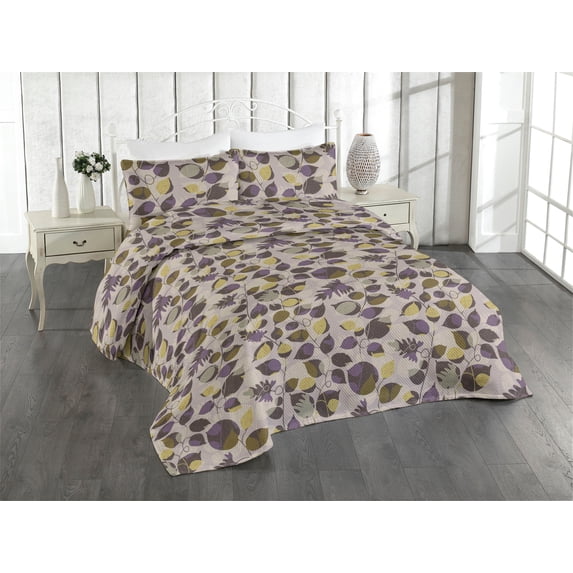 Ambesonne Floral Quilted Bedspread Set 3 Pcs, Leaves with Colorful Blots, Queen, Fawn and Pale Eggplant