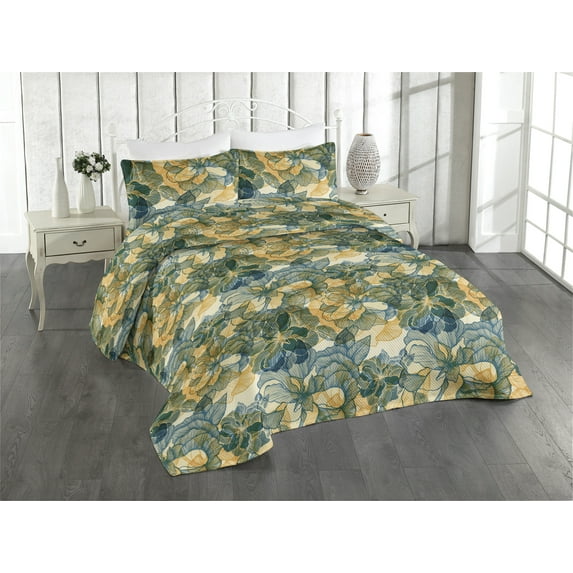 Ambesonne Floral Quilted Bedspread Set 3 Pcs, Linear Abstract Flowers Art, Twin, Pale Orange and Fern Green