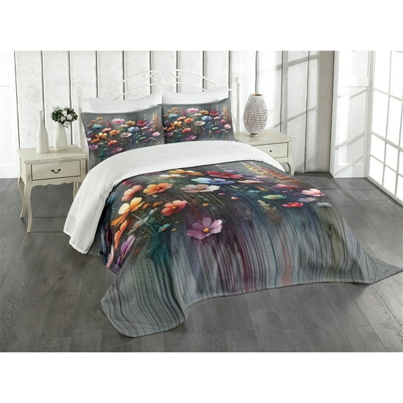 Ambesonne Floral Quilted Bedspread Set 3 Pcs, Melancholic Bohemian Garden, Queen Size, Multicolor Pale Grey