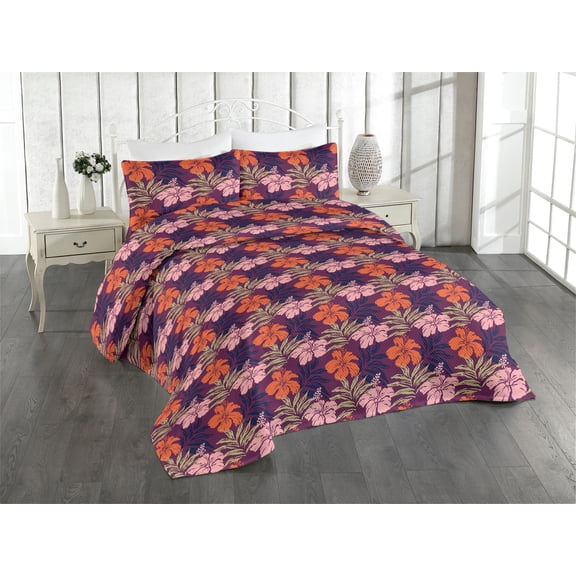 Ambesonne Floral Quilted Bedspread Set 3 Pcs, Minimalist Hibiscus Flowers, King, Dark Magenta Blush