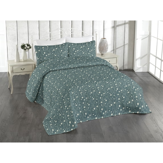 Ambesonne Floral Quilted Bedspread Set 3 Pcs, Minimalist Tulip Silhouettes, King, Cadet Blue and Eggshell