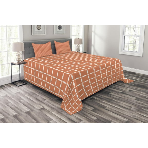 Ambesonne Floral Quilted Bedspread Set 3 Pcs, Modern Flower Petal Tile, Queen Size, Orange White