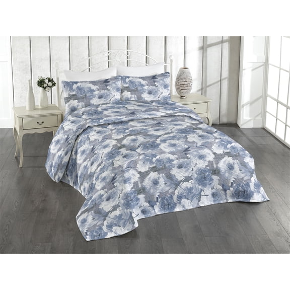 Ambesonne Floral Quilted Bedspread Set 3 Pcs, Modern Flowers Grunge Print, Queen, Blue Grey and Ceil Blue