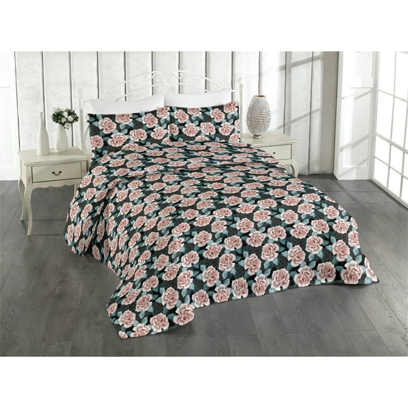 Ambesonne Floral Quilted Bedspread Set 3 Pcs, Night Forest Rose Blossoms, Queen, Dark Teal Blush