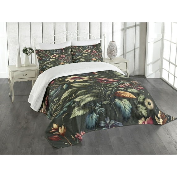 Ambesonne Floral Quilted Bedspread Set 3 Pcs, Nostalgia Aura Leafy Jungle, Queen Size, Laurel Green Dark Coral
