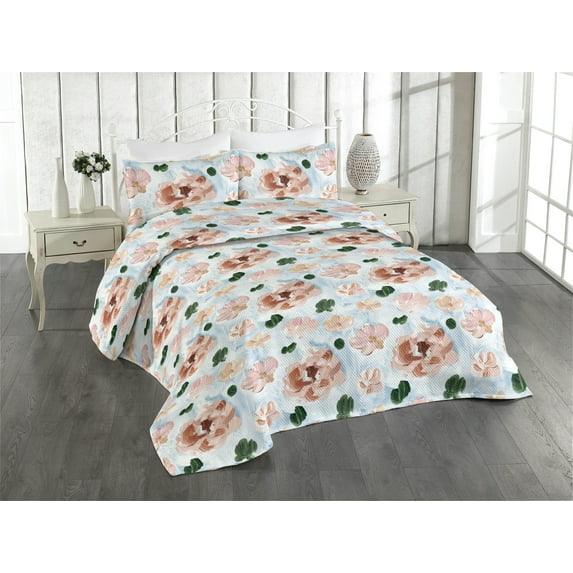 Ambesonne Floral Quilted Bedspread Set 3 Pcs, Oil Painting Wild Rose Print, Queen, Pale Blue and Warm Taupe
