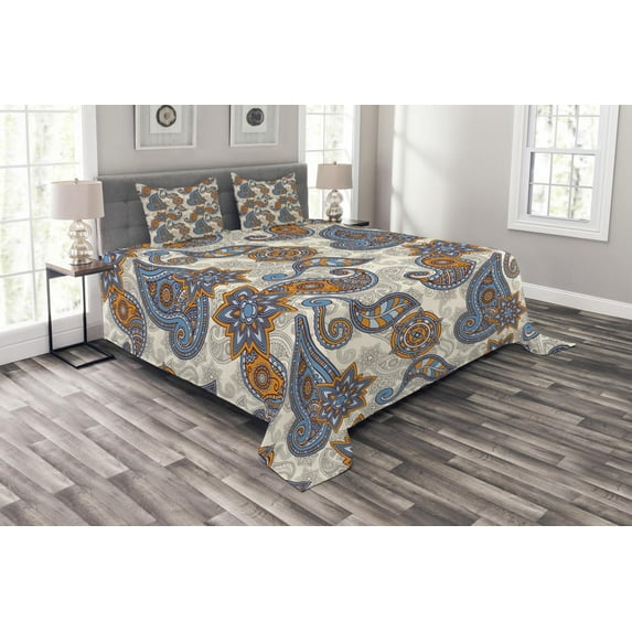 Ambesonne Floral Quilted Bedspread Set 3 Pcs, Paisley, Queen Size, Violet Blue Marigold
