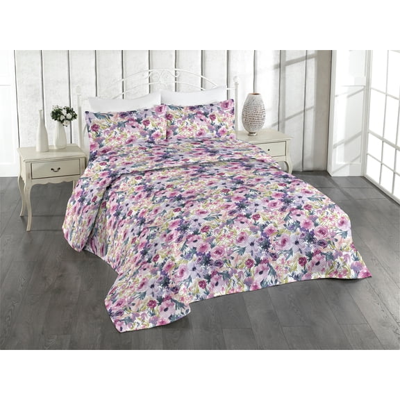 Ambesonne Floral Quilted Bedspread Set 3 Pcs, Peony Roses Modern Botanical, Twin, Pale Fuchsia Blue Grey