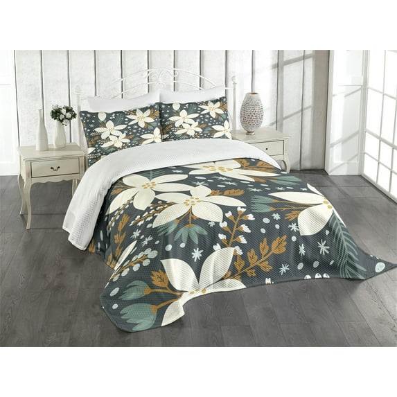 Ambesonne Floral Quilted Bedspread Set 3 Pcs, Poinsettia Blossoms Art, King Size, White and Caramel