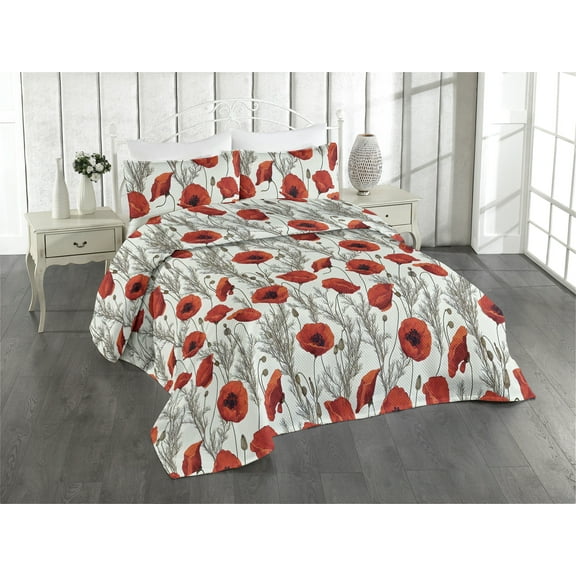 Ambesonne Floral Quilted Bedspread Set 3 Pcs, Poppy Flower Branches Print, Queen, Vermilion Off White