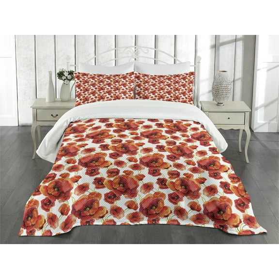 Ambesonne Floral Quilted Bedspread Set 3 Pcs, Red Poppy Flowers, Queen Size, Red and White
