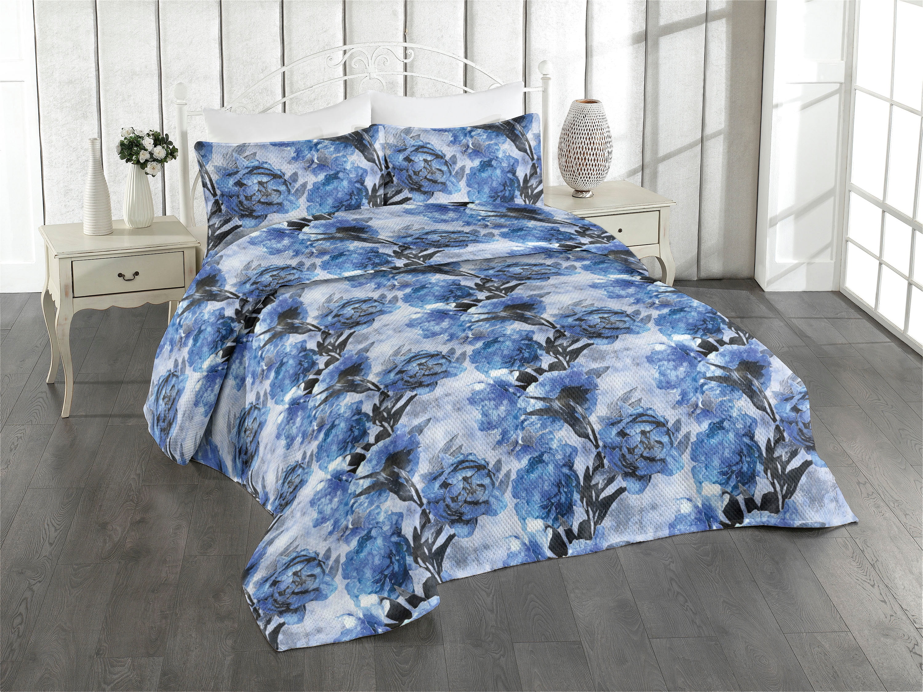 Ambesonne Floral Quilted Bedspread Set 3 Pcs Retro Cold Tones Peony