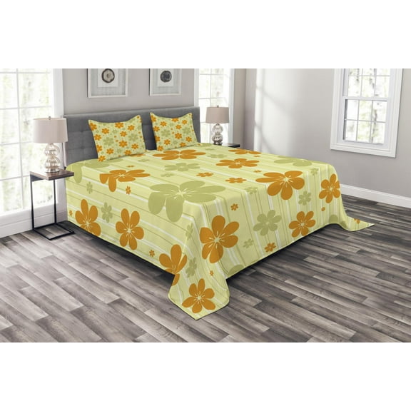 Ambesonne Floral Quilted Bedspread Set 3 Pcs, Retro Graphic Flowers, Queen Size, Pale Green Orange