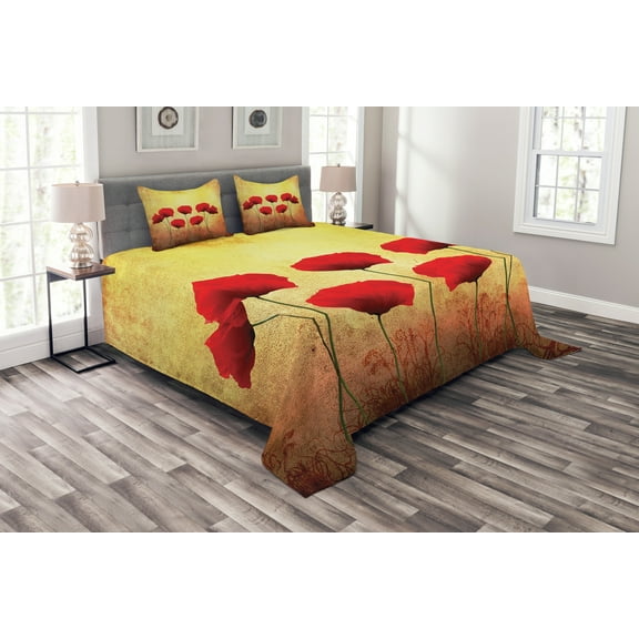 Ambesonne Floral Quilted Bedspread Set 3 Pcs, Retro Poppy Flowers, King Size, Scarlet Pale Yellow