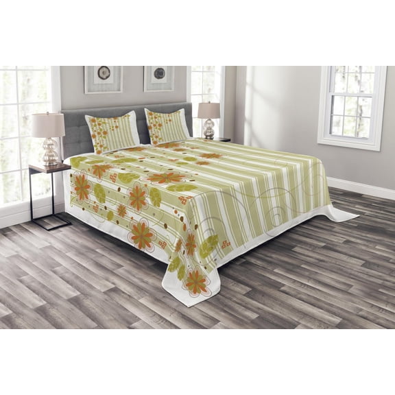 Ambesonne Floral Quilted Bedspread Set 3 Pcs, Retro Swirled Flowers, Queen Size, Green Orange White