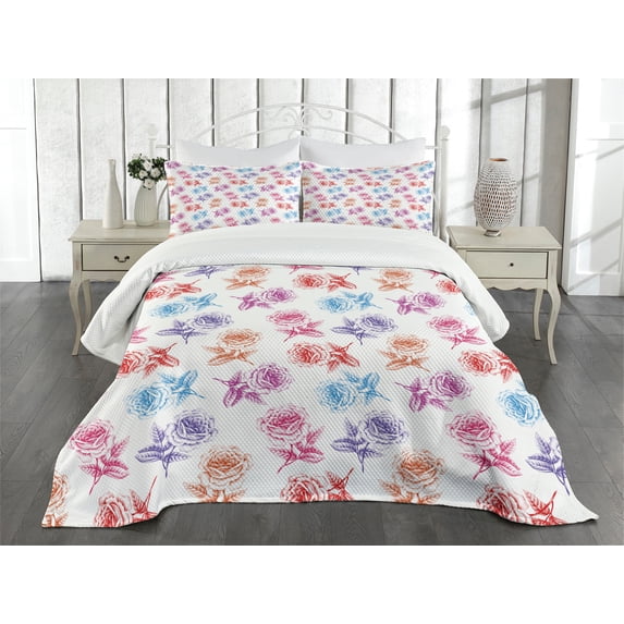 Ambesonne Floral Quilted Bedspread Set 3 Pcs, Romantic Blossoming Nature, King Size, Multicolor