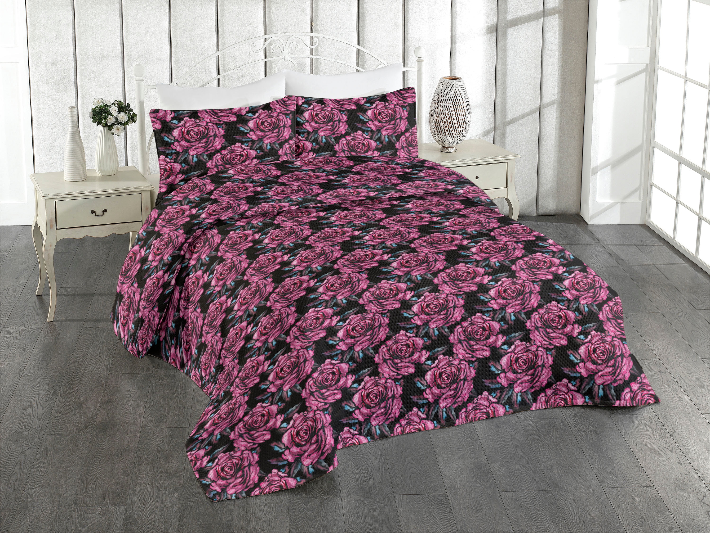 Ambesonne Floral Quilted Bedspread Set 3 Pcs, Romantic English Roses