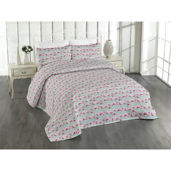 Ambesonne Floral Quilted Bedspread Set 3 Pcs, Romantic Magnolia Pattern, Queen, Pink Pale Blue Grey