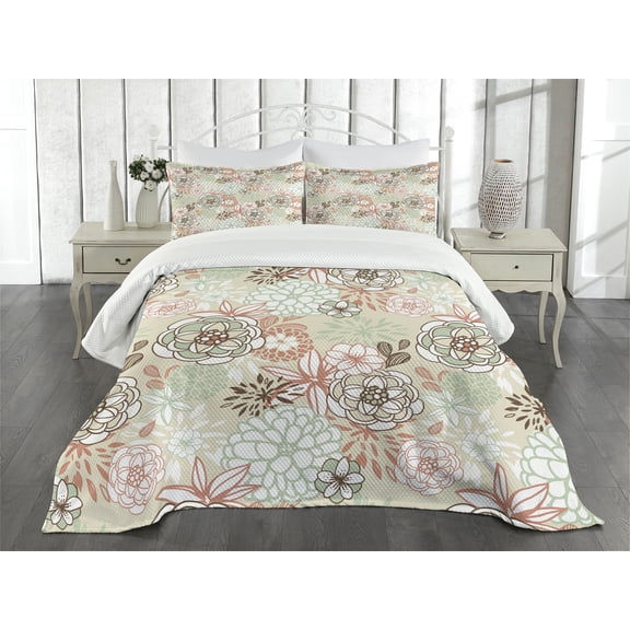 Ambesonne Floral Quilted Bedspread Set 3 Pcs, Romantic Wildflowers, Queen Size, Pale Green Brown Peach