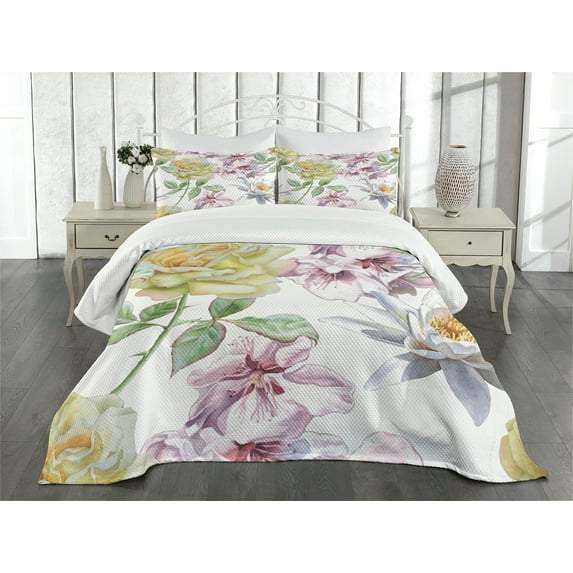 Ambesonne Floral Quilted Bedspread Set 3 Pcs, Rose Petals Sakura Lily, King Size, Fern Green Pale Pink