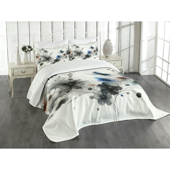 Ambesonne Floral Quilted Bedspread Set 3 Pcs, Simplistic Watercolor Flower, King Size, Grey Blue Pale Rust