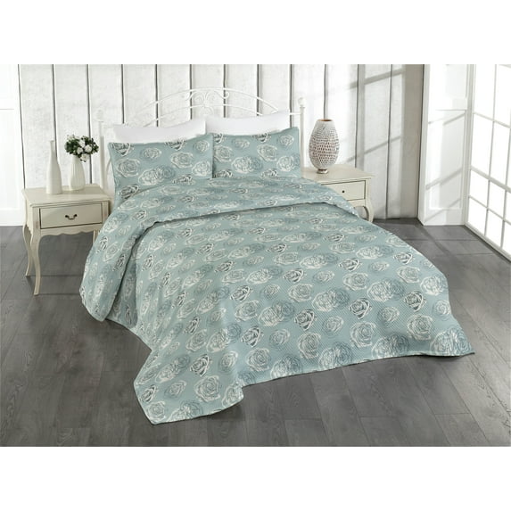Ambesonne Floral Quilted Bedspread Set 3 Pcs, Sketch of Roses Petals Retro, Queen, Cadet Blue Eggshell