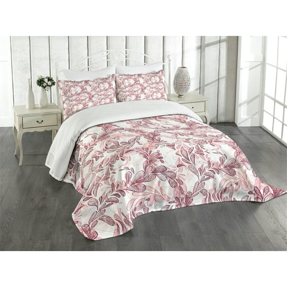 Ambesonne Floral Quilted Bedspread Set 3 Pcs, Sketchy Leaves Petals, Queen Size, Maroon Coral and White
