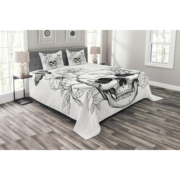 Ambesonne Floral Quilted Bedspread Set 3 Pcs, Skulls Butterflies, King Size, Black and White