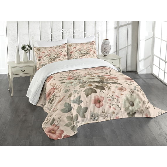 Ambesonne Floral Quilted Bedspread Set 3 Pcs, Spring Farmhouse Feel Floral, Queen Size, Blush Olive Green