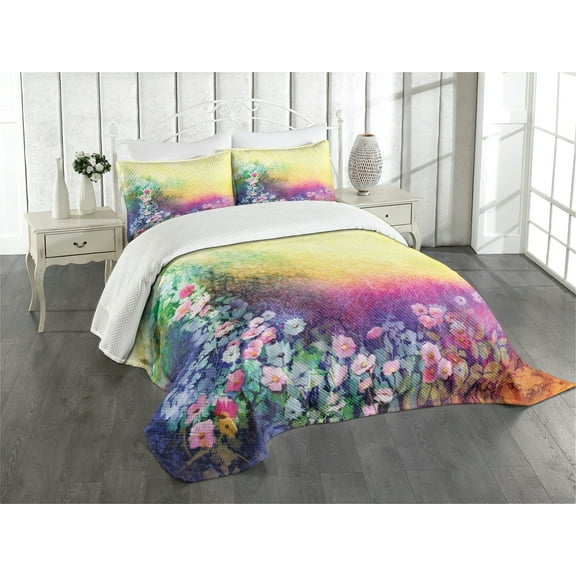 Ambesonne Floral Quilted Bedspread Set 3 Pcs, Spring Flowers Ivy Art, Queen Size, Purple Yellow Multicolor