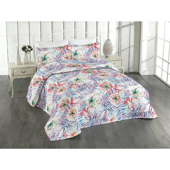 Ambesonne Floral Quilted Bedspread Set 3 Pcs, Spring Jumble Garden Flowers, Queen, Coral Multicolor