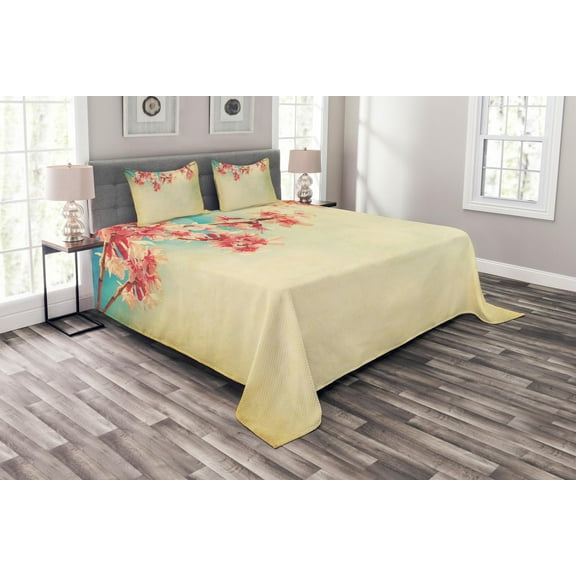 Ambesonne Floral Quilted Bedspread Set 3 Pcs, Spring Sakura Vintage, Queen Size, Beige Pink Teal