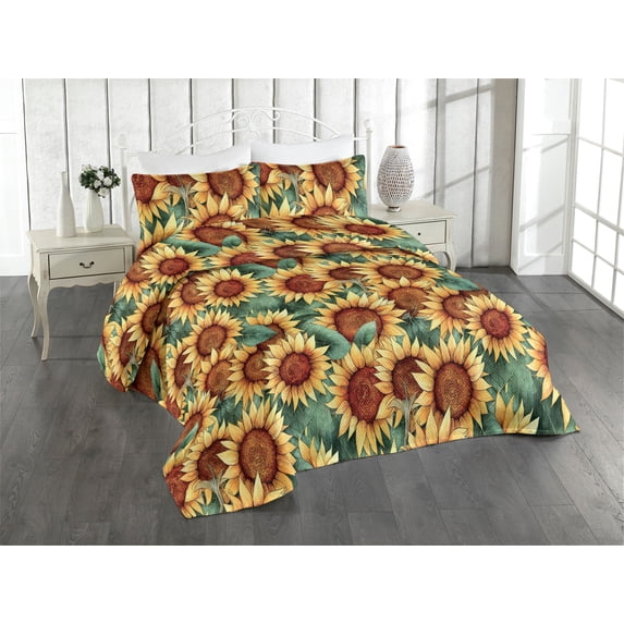 Ambesonne Floral Quilted Bedspread Set 3 Pcs, Sunflowers Pattern Summer, Twin, Burnt Orange Laurel Green