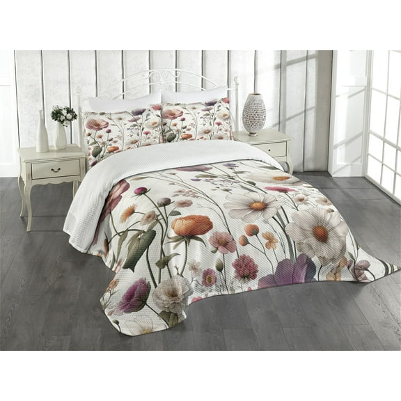 Ambesonne Floral Quilted Bedspread Set 3 Pcs, Tender Flowers Garden Scene, Queen Size, Mauve Sage Green Rose