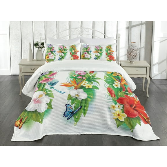 Ambesonne Floral Quilted Bedspread Set 3 Pcs, Tropic Christmas, Queen Size, Multicolor
