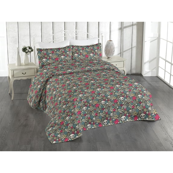 Ambesonne Floral Quilted Bedspread Set 3 Pcs, Tropical Skeleton Head Print, Twin, Ivory and Dark Coral