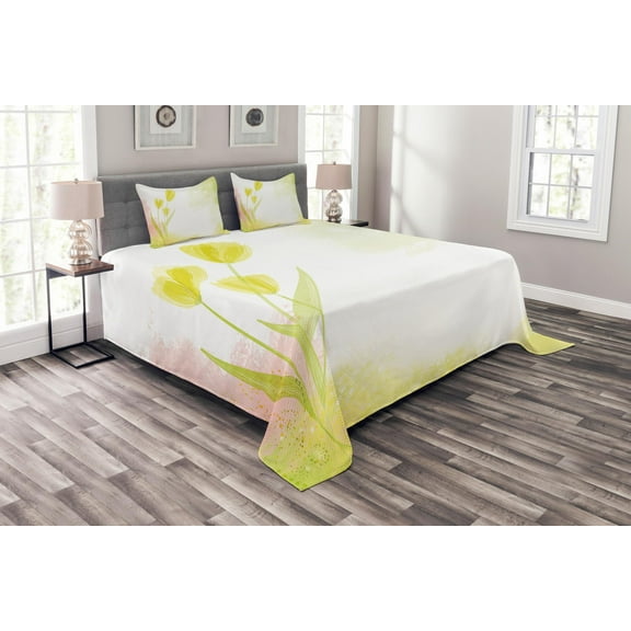Ambesonne Floral Quilted Bedspread Set 3 Pcs, Tulip Flower Watercolor, Queen Size, Green Beige