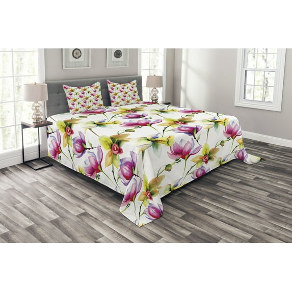 Ambesonne Floral Quilted Bedspread Set 3 Pcs, Vibrant Magnolia Flower, King Size, Multicolor