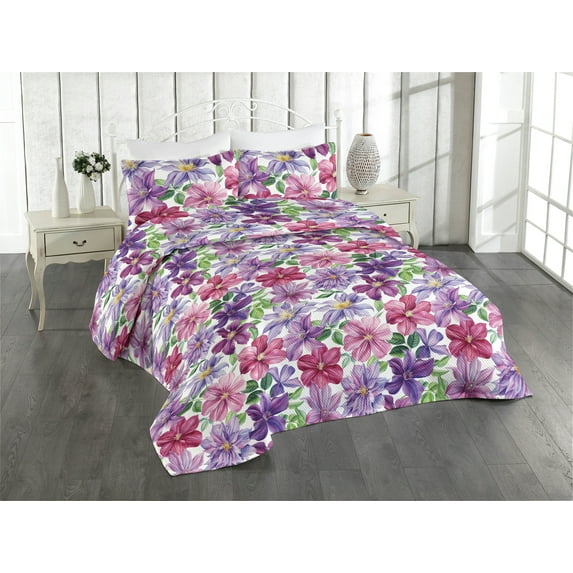 Ambesonne Floral Quilted Bedspread Set 3 Pcs, Vintage Atmosphere Flowers, Queen, Lilac Indigo and Magenta
