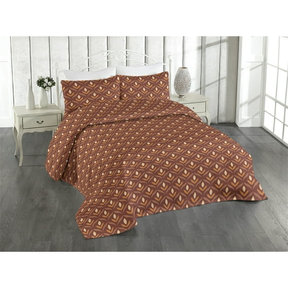 Ambesonne Floral Quilted Bedspread Set 3 Pcs, Vintage Ethnic Boho Leaves, King, Cinnamon Ginger Eggshell
